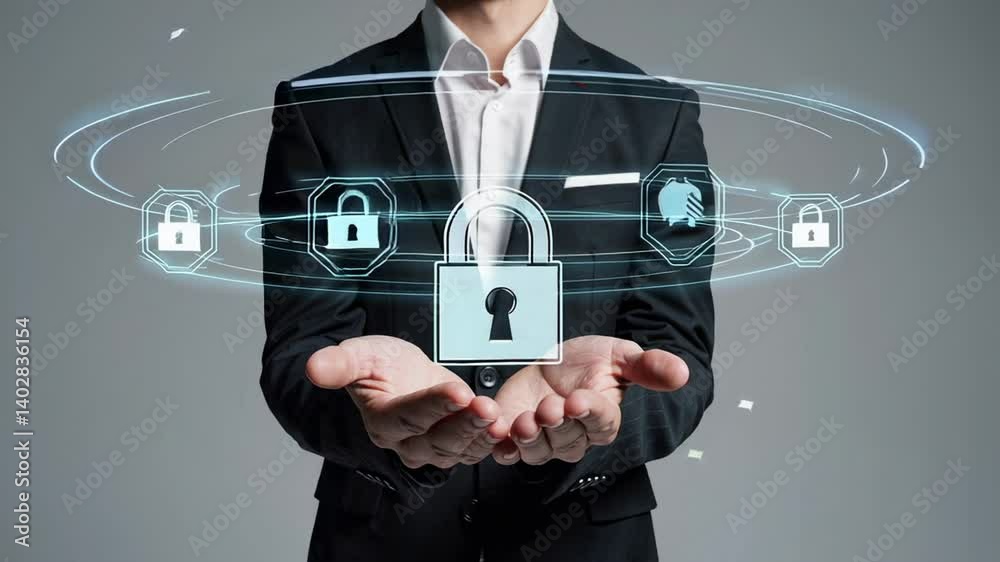 Poster innovative digital security concept presented by a businessman holding various lock icons, symbolizi