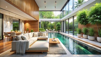 Naklejka premium Luxurious Indoor Poolside Living Space Featuring Modern Sectional Sofa and Tranquil Garden Views