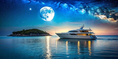 Obraz premium Serene Yacht Cruise Under a Celestial Night Sky with a Luminous Orb