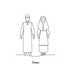 One continuous line drawing of Oman country couple clothes vector illustration. Asian traditional clothes concept in simple linear style. Fashion and beauty for educational and asset purpose
