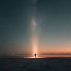 Solitary Figure at Dawn: A lone individual stands silhouetted against a breathtaking sunrise, a celestial beam of light illuminating their path, evoking a sense of hope, mystery, and contemplation. 
