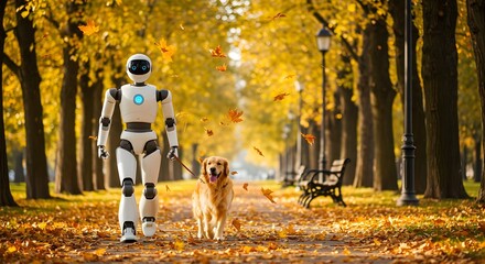 Humanoid Robot Walking Dog in Autumn Park