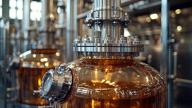 Industrial distillation process in a modern facility showcasing copper tanks and machinery
