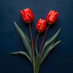 Three Red Tulips on Dark Blue Background