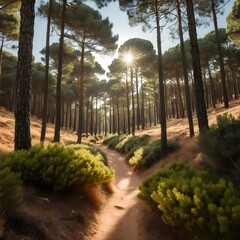 Sunlit Path Through a Pine Forest