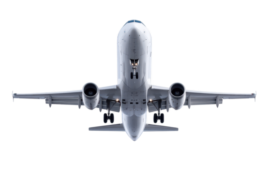Modern passenger plane hovering in the sky with landing gear extended, bottom view on transparent background - Powered by Adobe
