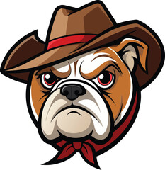 bulldog mascot wearing cowboy hat and bandana in vintage western style, perfect for logo or sports branding. vector illustration 