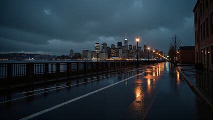 Fototapeta premium Waterfront Rainfall in USA Seattle includes city skyline at night, bridge, water, buildings, trees. Concept of Waterfront Rainfall in USA Seattle showcases urban landscape.