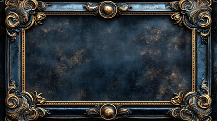 A dark navy blue ornate gold-framed artwork display.