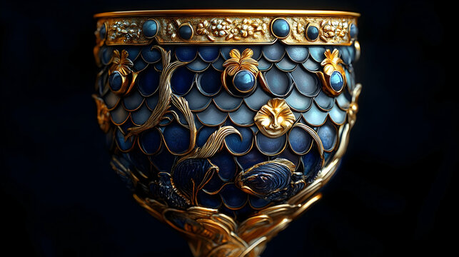 A detailed, ornate gold-accented drinking cup with a blue fish-scale design.