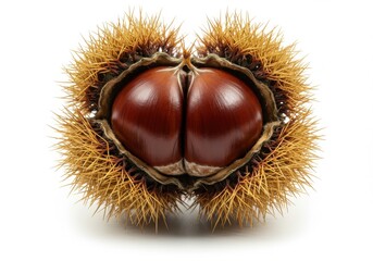 Close up of a chestnut in its spiky shell on a white background showing the nut inside open and brown