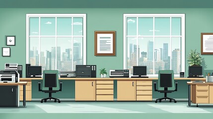 Modern Office Interior with Cityscape View, Modern office interior with desks, chairs, and a cityscape view through a large window