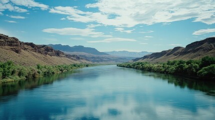 A Wide River Flows Between Rocky Mountains Under a Sky