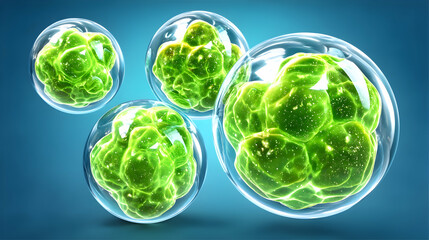 Four glowing green cells in transparent spheres against a blue background