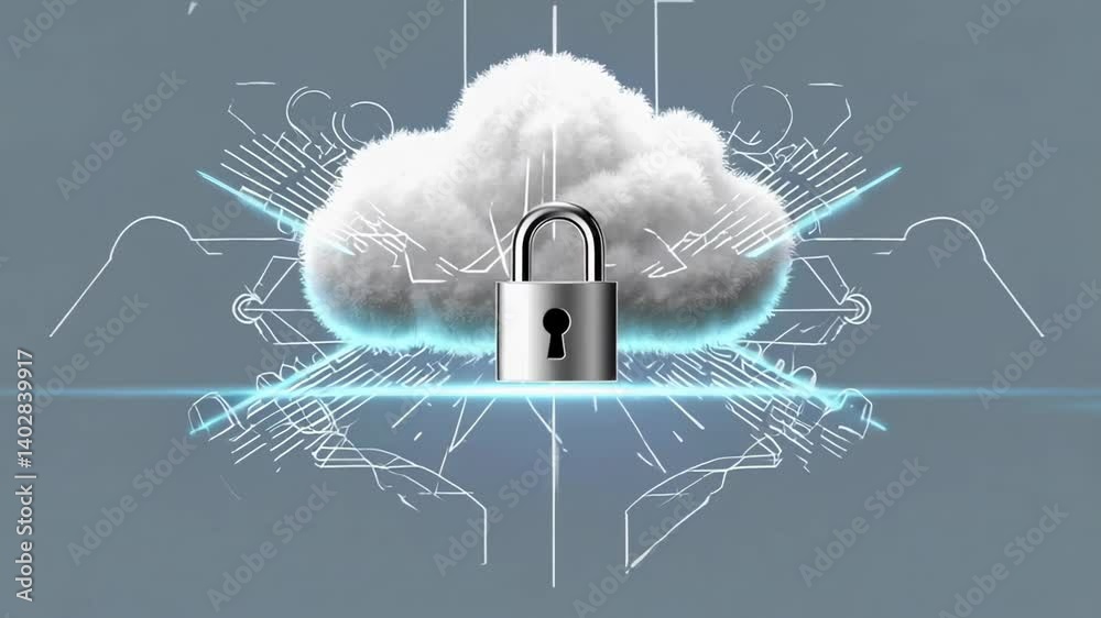 Poster Secure cloud storage is visualized with a realistic white cloud and a locked padlock, symbolizing data protection and encryption in cyberspace