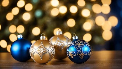 Fototapeta premium Gold and Blue Christmas Ornaments with Bokeh Background
