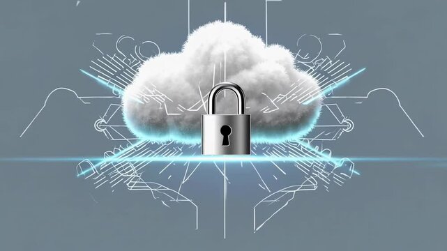 Secure cloud storage is visualized with a realistic white cloud and a locked padlock, symbolizing data protection and encryption in cyberspace