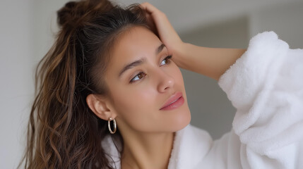 Fototapeta premium Creative woman experimenting with high bun hairstyle, Latina beauty trying new look with natural curls at home vanity, Latina beauty, curly hair styling, high bun hairstyle, morning routine, bathroom 