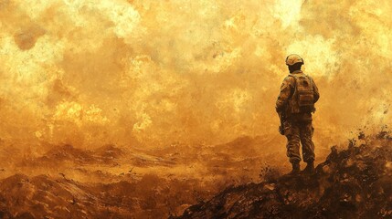 Fototapeta premium Sepia toned soldier watches over barren landscape warm golden highlights depict strength courage and hope in the face of adversity post war recovery depicted 