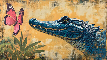 A captivating encounter between a vibrant butterfly and a regal alligator.