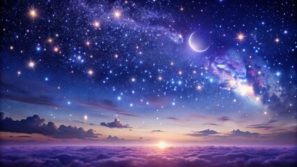 Naklejka premium Celestial Sunset A Dreamlike Panorama of Stars, Crescent Moon, and Cloudscape at Dawn