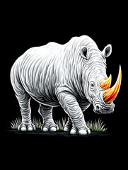 Fototapeta premium Majestic white rhinoceros with prominent orange horn, depicted in a stylized illustration against a black background