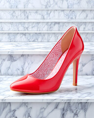Red high-heeled pump on marble stairs