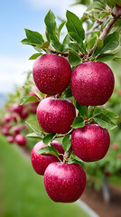 Ripe red apples on a tree branch, glistening with dew