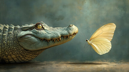 Obraz premium A gentle encounter between a crocodile and a butterfly.