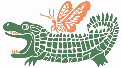 Fototapeta premium A stylized alligator with a butterfly, showcasing a whimsical nature theme.