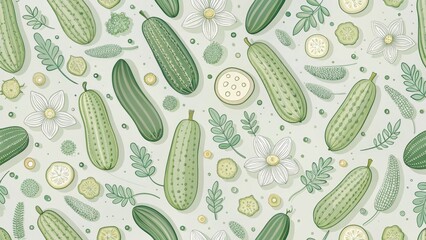 A Bountiful Harvest of Cucumbers A Seamless Pattern Featuring Freshly Picked Cucumbers, Delicate Blooms, and Lush Green Foliage, a Vibrant Display of Summer's Abundance