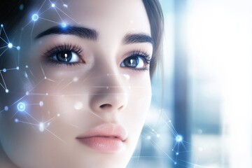 Woman with captivating eyes and digital connections in a modern environment in bright lighting