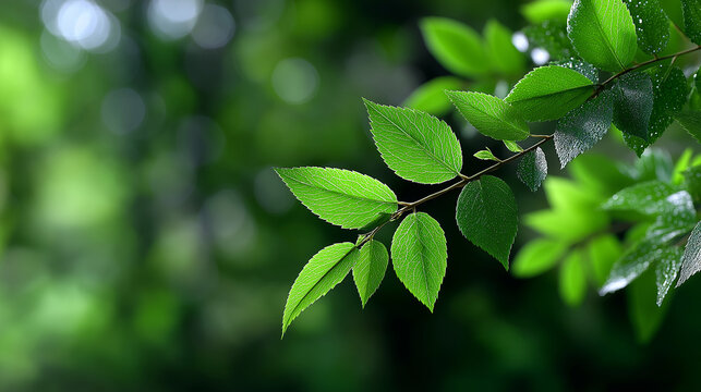 Fototapeta Fresh green leaves background with artistic depth of field, versatile natural backdrop for wellness or spring themes, green background, natural foliage, selective focus, blurred leaves, botanical text