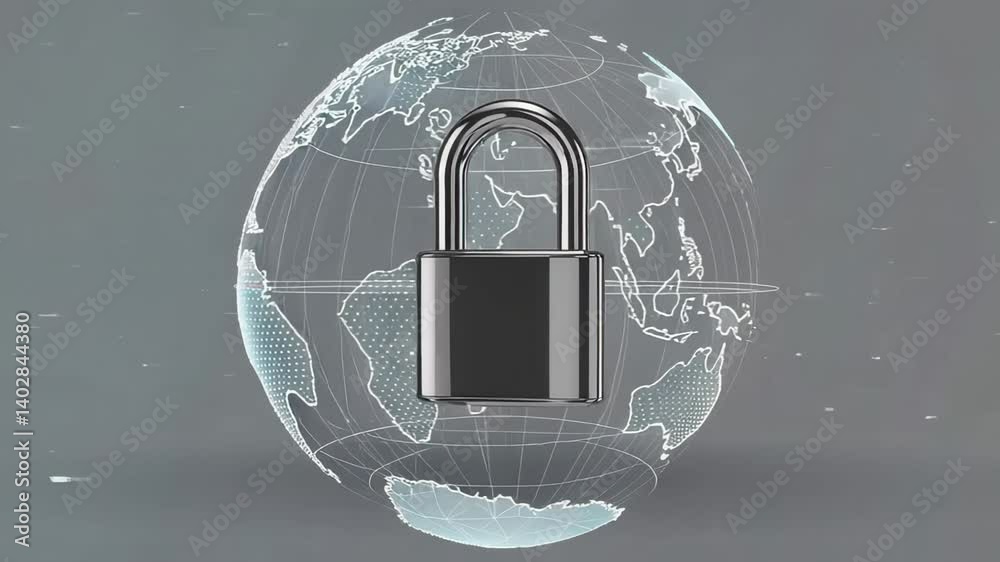 Aufkleber Global network security visualized with a padlock protecting a rotating digital world, symbolizing data protection and encryption in various abstract digital environments