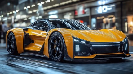 Futuristic Yellow Sports Car Speeding Through City Streets