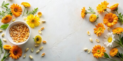 Floral Wellness Composition  Bright Yellow and Orange Blossoms Arranged with Herbal Capsules on a Textured Surface