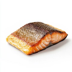 A soft tender fillet of salmon with a crispy skin and perfectly cooked pink interior, isolated white background, hyperrealism art style