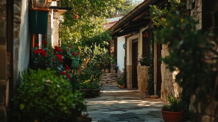 Fototapeta premium A peaceful stone paved alleyway with lush greenery and old buildings