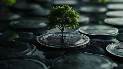 Conceptual representation of wealth growth through nature with trees on coins