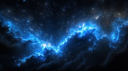 A beautiful bright blue nebula glows amidst the dark background