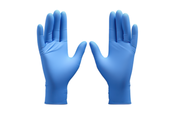 Pair of blue medical gloves with open hands on a transparent background