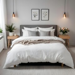 Modern Minimalist Bedroom Interior with White Linen Bedding