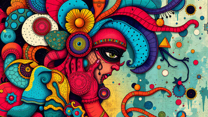 A lively illustration of a masked figure is rendered with vibrant, detailed artistic flair.