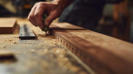 Carpenter measuring wood for a custom project. Featuring precision and woodworking