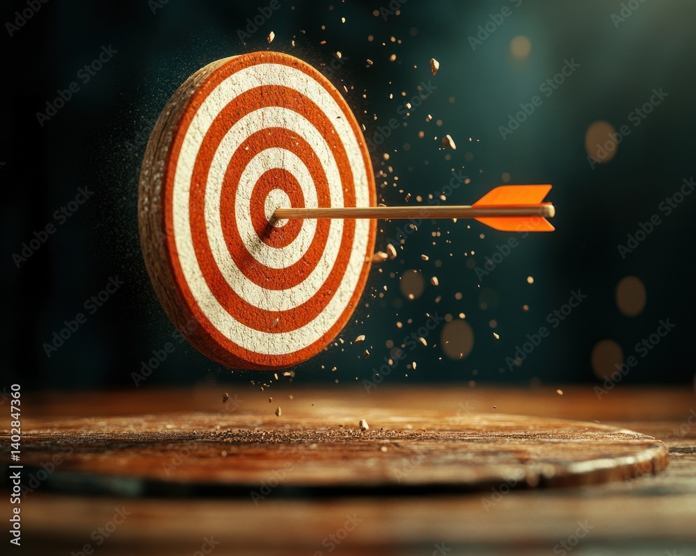 Aufkleber A red arrow hits the bullseye of a floating on a rustic wooden surface with particles in the air.