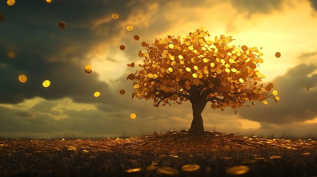 Fantasy tree with golden coins as foliage standing tall in a glowing landscape wealth and abundance