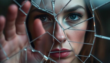 A woman's face reflected in broken glass symbolizes healing and resilience after domestic violence.