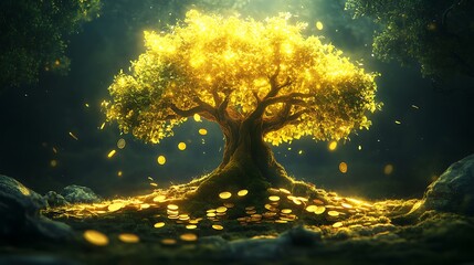 Glowing tree of fortune with gold coin foliage standing in a mystical landscape prosperity concept