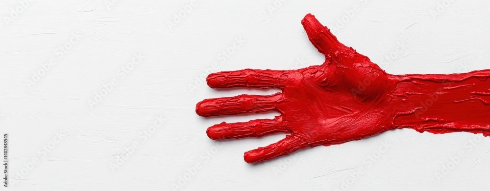 Poster a single hand painted red extends across a white background offe a helping hand or gesture of friend