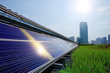 Naklejka premium Solar panels reflecting sunlight in an urban setting with skyscrapers in the background